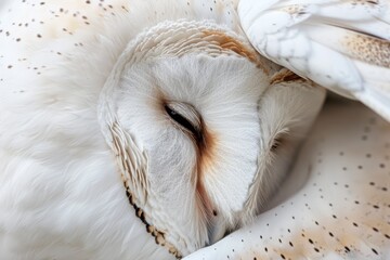 A barn owl rests peacefully, its feathers a tapestry of soft white and subtle brown, exuding a quiet elegance and natural beauty.