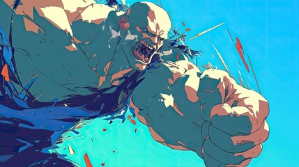 A Powerful, Angry Figure With a Tight Fist, Surrounded by Streaks of Blue, White, and Red