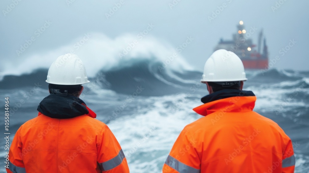 Wall mural engineers overseeing operations on offshore platform