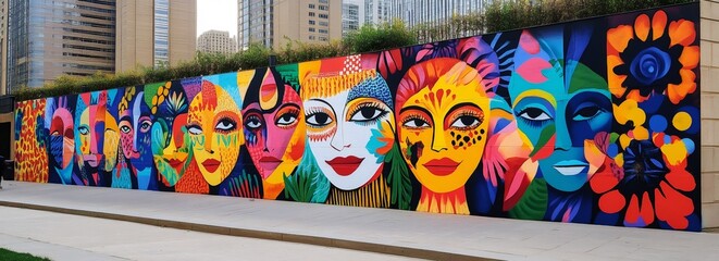community art representation, colorful street art honors migration and diversity, blending various global faces and symbols in a vibrant mural