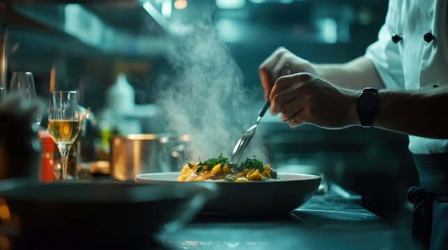 Chef Using Fork to Plate Steaming Dish in Restaurant Kitchen