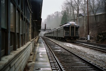 Obraz premium A vintage train rolls into a tranquil station, shrouded in mist, invoking travel nostalgia amidst damp rails and a serene, overcast landscape.