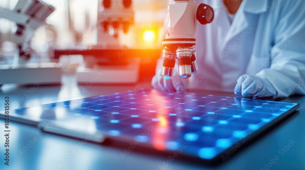 Poster Close-up of a Microscope Examining a Glowing Blue Grid Surface