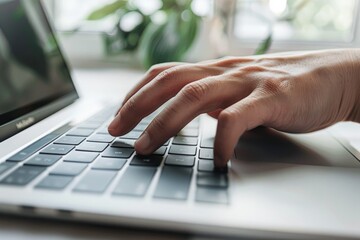 Fingers gracefully glide over a laptop keyboard in a sunlit room, embodying focused creativity and digital engagement.