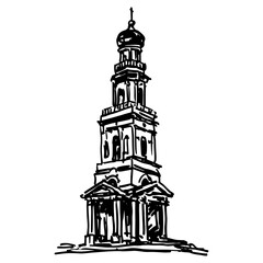 Belfry of Kizichesky Vvedensky Monastery in Kazan, Tatarstan, Russia. Old Russian Orthodox structure. Hand drawn linear doodle rough sketch. Black and white silhouette.