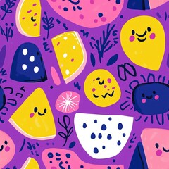 Fototapeta premium Whimsical colorful fruits and cheerful characters in a playful abstract design, Seamless Pattern