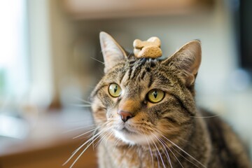 A tabby cat gazes curiously with a balancing act of treats on its head, exuding a charming and playful personality.