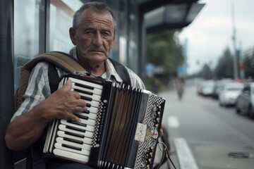 A seasoned musician, accordian in hand, sits at a bus stop, his weathered face and intense...