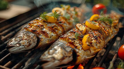 Intimate Close-Up of Grilled Fish, Emphasizing Flavorful Marks from the Grill
