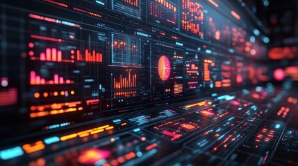 Fototapeta premium Futuristic digital interface with data visualizations and graphs.