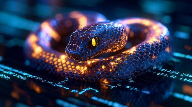 A glowing snake amidst code lines symbolizes python programming's dynamic and powerful nature