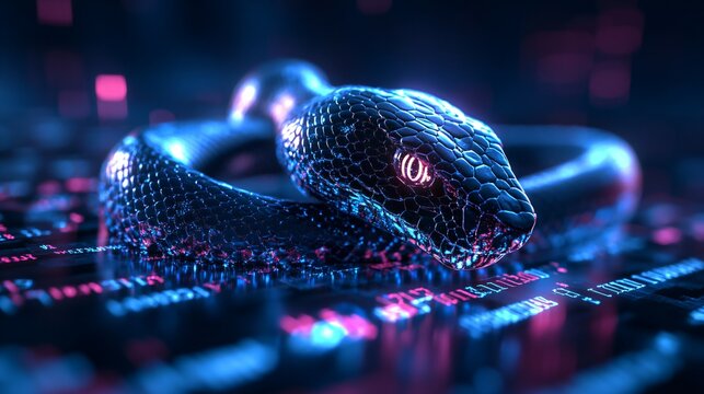 A glowing snake amidst code lines symbolizes python programming's dynamic and powerful nature
