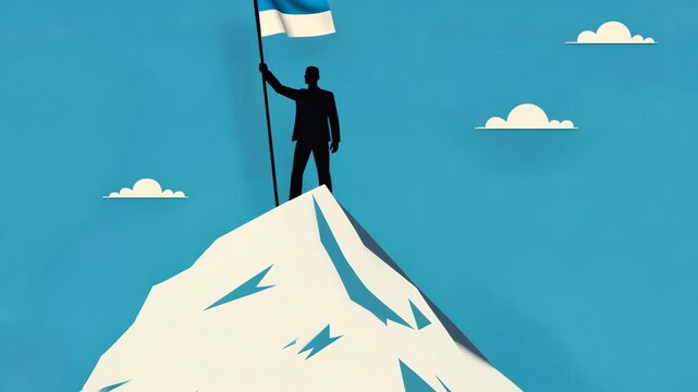 Mountain Climber Reaching Summit with White Flag on Peak, Blue Sky and Clouds in Background, Adventure and Achievement Concept