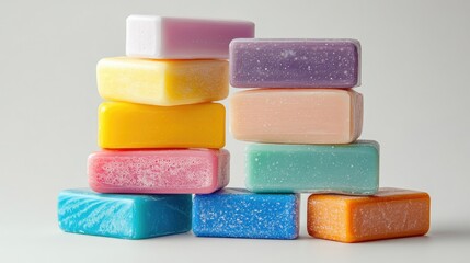 Stack of body wash soap bottles, side view, isolated on white, various colors, clean and fresh look