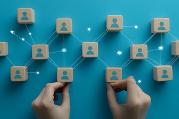 Connected Wooden Blocks with Person Icons Representing a Social Network