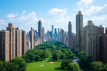 Eco Conscious Cityscape with Lush Greens and Skyscrapers