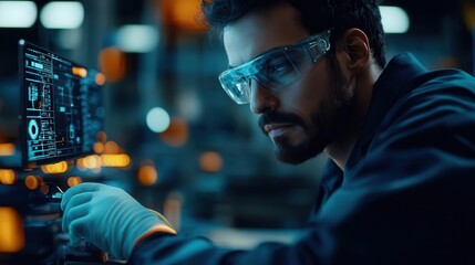 Worker interacting with digital twin of factory machinery, tech integration