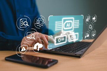 Ai artificial intelligence concept. Man analyst big data technology on computer, smart phone for business analysis. Data management system, KPI database technology finance, operation, sale marketing