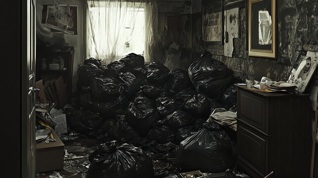 Cluttered room with trash bags everywhere