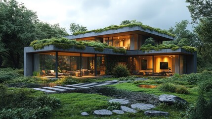 Naklejka premium Modern house surrounded by greenery and natural landscape.