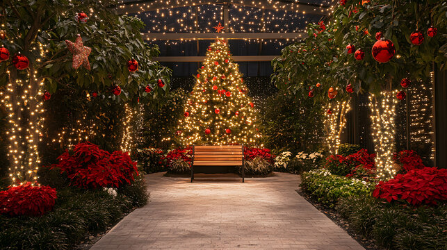 un hermoso arbol de navidad brillante decorado junto a un camino de arboles con iluminacion celebrando la navidad al aire libre 