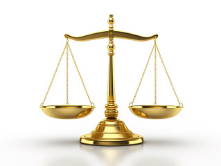 Gold Brass Balance Scale Isolated on White Background: Symbol of Justice for Legal Context