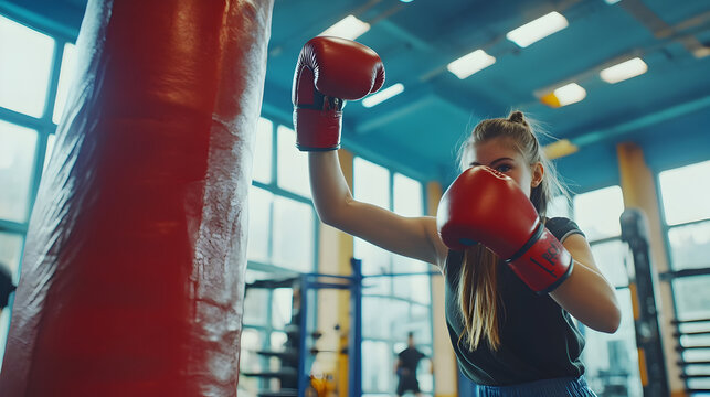 una mujer adolescente practicando boxeo haciendo ejercicio teniendo un estilo de vida saludable y de deporte