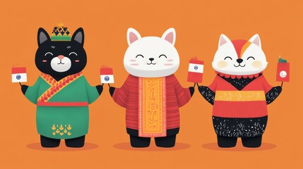 Fototapeta premium Cartoon Animals in Traditional Attire Holding Cups