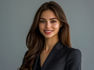 An attractive female real estate agent, smiling warmly at the camera with long hair and wearing business attire