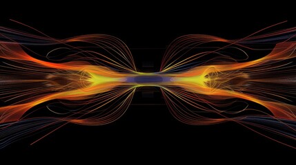 Fototapeta premium Abstract magnetic field visualization, in dark empty space, with luminous lines and arrows representing the magnetic flow around a central object 