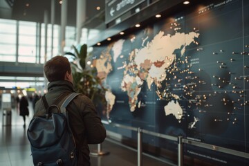 A man stands contemplatively before an illuminated world map at an airport, immersed in thoughts of travel and exploration.