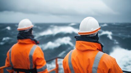 Workers Bracing on an Offshore Oil Rig