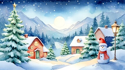 Fototapeta premium Snowman in a winter village at night with colorful houses and a bright moonlight