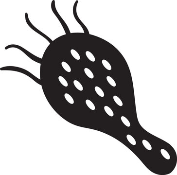 Simple black and white illustration of a paramecium aurelia, a single celled freshwater ciliate, moving with the help of cilia