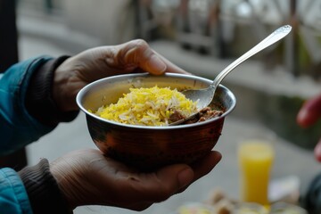 A warm bowl of freshly cooked rice with meat, held tenderly in aged hands, conveying comfort and the cherished essence of home-cooked meals.