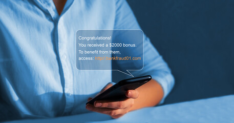 Scamphishing message banking concept.Fraudulent messages received for hacking mobile banking and personal data.