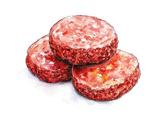 Watercolor illustration of raw burger patties on a white background.