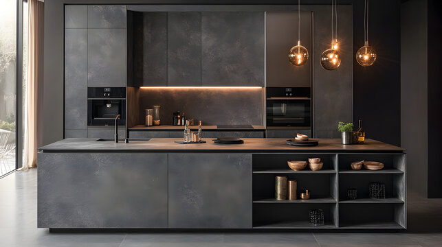 una cocina moderna y minimalista con decoraciones sutiles con lamparas iluminando cocina minimalista con gabinetes 