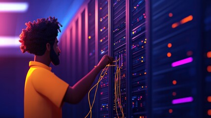 Technician Managing Server Connections in a High-Tech Data Center Environment