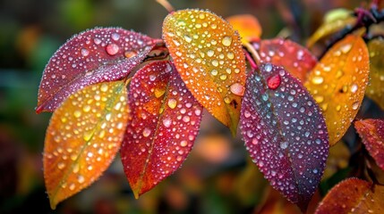 colorful autumn leaves with dewdrops in the sunlight, vibrant fall colors with blurred forest background