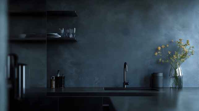 un dise&ntilde;o de una cocina moderna y minimalista en color gris oscuro con elementos elegantes decorativos dise&ntilde;o de ineriores