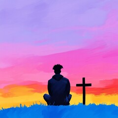 Prayer silhouette at sunset with cross, faith, hope, and Christianity concept.