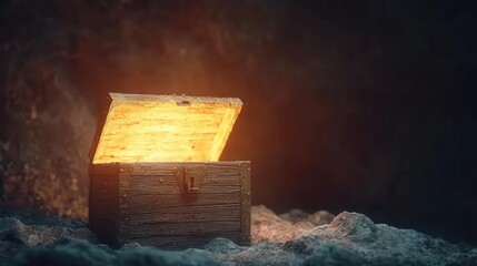 Glowing treasure chest in a dark cave, casting light on mysterious surroundings, discovery and magic
