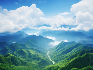 Obraz premium World Environment Day Concept: Lush Green Mountains Under a Beautiful Blue Sky with Clouds