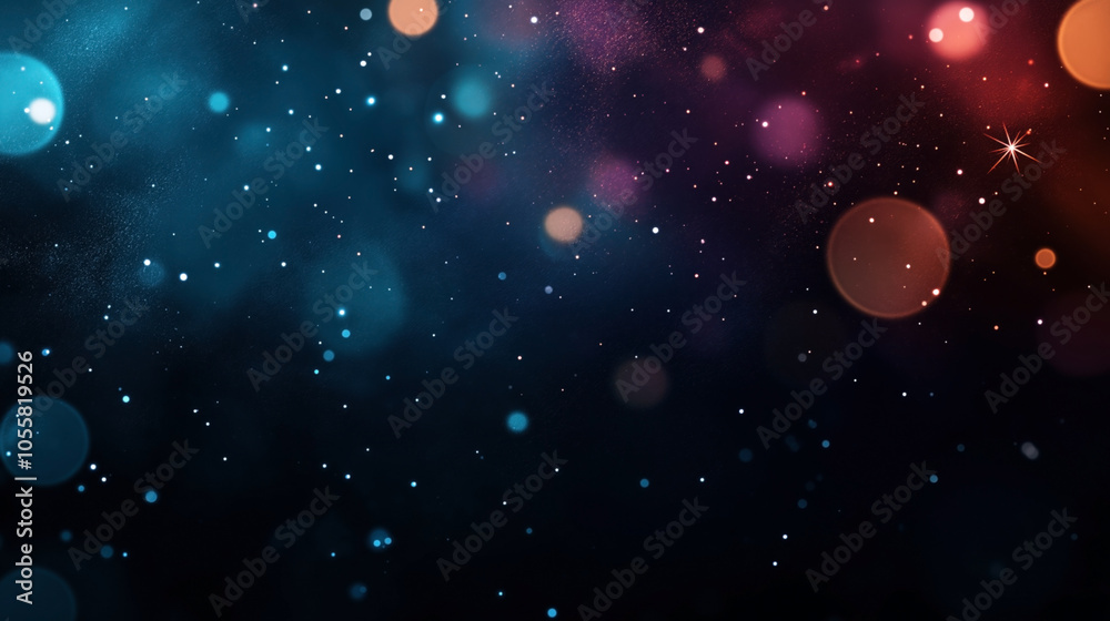 Wall mural abstract space-themed background with bokeh lights and star-like elements in blue and red hues on a 