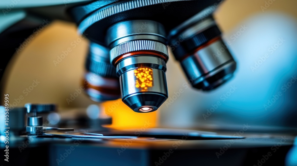 Poster close-up of a microscope lens with light reflecting