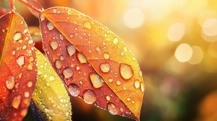 colorful autumn leaves with dewdrops in the sunlight, vibrant fall colors with blurred forest background
