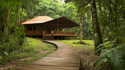 A remote eco-tourism lodge set amidst nature, with guests enjoying hiking trails and locally guided tours in the pristine environment