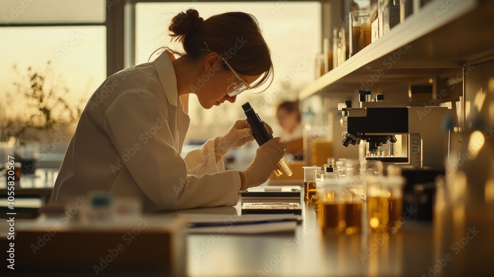 Aufkleber scientist examining liquid sample with microscope in laboratory