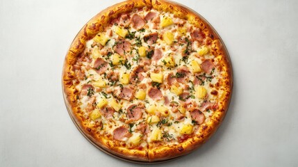 Sweet and savory Hawaiian pizza with ham, pineapple, and mozzarella on a crispy crust, viewed from above